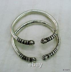 Vintage antique tribal old silver bracelet bangle cuff pair solid unisex jewelry