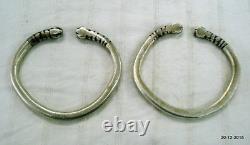 Vintage antique tribal old silver bracelet bangle cuff pair solid unisex jewelry