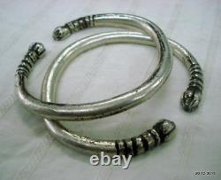 Vintage antique tribal old silver bracelet bangle cuff pair solid unisex jewelry