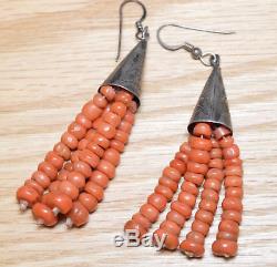 Vintage c. 1960 Pair of Sterling Silver and Coral Dangle Hook Earrings 4400