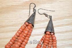 Vintage c. 1960 Pair of Sterling Silver and Coral Dangle Hook Earrings 4400