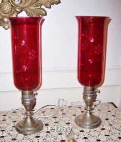 Vintage pair Sterling Silver hurricane lamps. Cranberry cut chimneys electrified