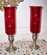 Vintage Pair Sterling Silver Hurricane Lamps. Cranberry Cut Chimneys Electrified