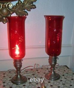 Vintage pair Sterling Silver hurricane lamps. Cranberry cut chimneys electrified