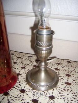 Vintage pair Sterling Silver hurricane lamps. Cranberry cut chimneys electrified