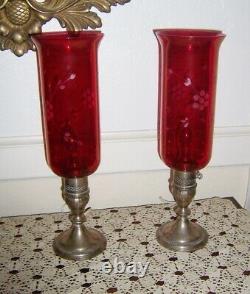 Vintage pair Sterling Silver hurricane lamps. Cranberry cut chimneys electrified