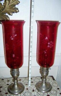 Vintage pair Sterling Silver hurricane lamps. Cranberry cut chimneys electrified