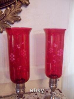 Vintage pair Sterling Silver hurricane lamps. Cranberry cut chimneys electrified
