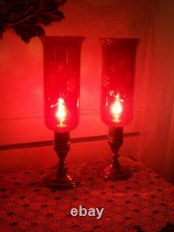 Vintage pair Sterling Silver hurricane lamps. Cranberry cut chimneys electrified