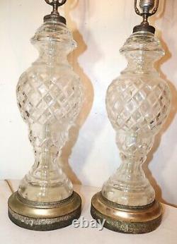 Vintage pair of 2 cut clear crystal glass silver toned electric table lamps