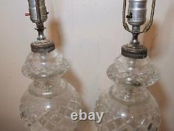 Vintage pair of 2 cut clear crystal glass silver toned electric table lamps