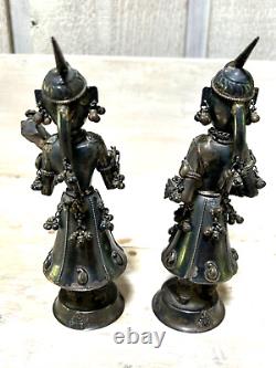 Vintage pair of Indian Hindu Silver Female Musician Sculptures silver tested