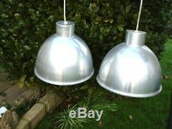 Vintage pair of Original BTC aluminium silver large pendant lights