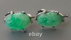 Vntg Or Antique Carved Jade Clip Earrings Set In Sterling Silver