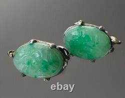 Vntg Or Antique Carved Jade Clip Earrings Set In Sterling Silver