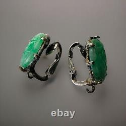 Vntg Or Antique Carved Jade Clip Earrings Set In Sterling Silver