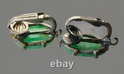 Vntg Or Antique Carved Jade Clip Earrings Set In Sterling Silver