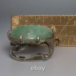 Vntg Or Antique Carved Jade Clip Earrings Set In Sterling Silver