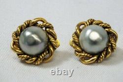 Vtg1984 Chanel Gold Twist Faux Silver Pearl Clip On Earring PAIR France 2187