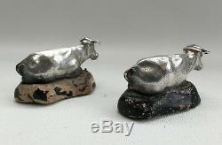 Vtg 1830s Pair Georgian Solid Silver Recumbent Cows Bulls Ornament Paperweights