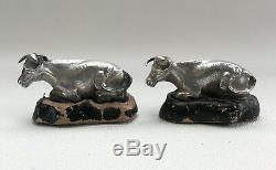 Vtg 1830s Pair Georgian Solid Silver Recumbent Cows Bulls Ornament Paperweights