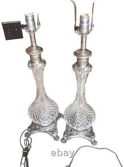 Vtg 2 Quilted Crystal Silver Lamps PAIR Tabletop MCM HOLLYWOOD REGENCY READ