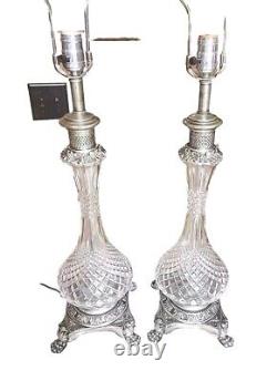 Vtg 2 Quilted Crystal Silver Lamps PAIR Tabletop MCM HOLLYWOOD REGENCY READ