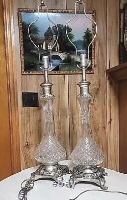 Vtg 2 Quilted Crystal Silver Lamps PAIR Tabletop MCM HOLLYWOOD REGENCY READ