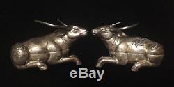 Vtg 900 Silver Statue Of Water Buffalo / Oxen Pair Betel Nut Container Box T90