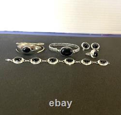 Vtg 925 Sterling Silver Black Onyx Modernist Jewelry Lot Bracelets, Earrings +
