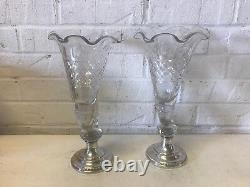 Vtg Antique Sheffield Silver Co. Sterling Weighted & Glass Pair Cornucopia Vases