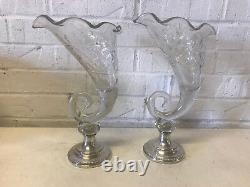 Vtg Antique Sheffield Silver Co. Sterling Weighted & Glass Pair Cornucopia Vases