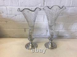 Vtg Antique Sheffield Silver Co. Sterling Weighted & Glass Pair Cornucopia Vases