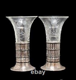 Vtg/Antique Sterling Silver Cut Glass Pair Flower Trumpet Vases C. 1920s AS IS