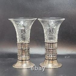 Vtg/Antique Sterling Silver Cut Glass Pair Flower Trumpet Vases C. 1920s AS IS