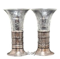 Vtg/Antique Sterling Silver Cut Glass Pair Flower Trumpet Vases C. 1920s AS IS