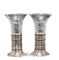 Vtg/Antique Sterling Silver Cut Glass Pair Flower Trumpet Vases C. 1920s AS IS