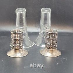 Vtg/Antique Sterling Silver Cut Glass Pair Flower Trumpet Vases C. 1920s AS IS