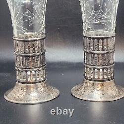 Vtg/Antique Sterling Silver Cut Glass Pair Flower Trumpet Vases C. 1920s AS IS