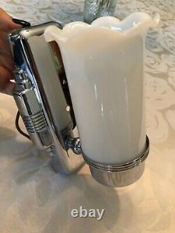 Vtg Chrome Brass Sconce Pair Cylinder Milk Glass Shade Art Deco Light bathroom
