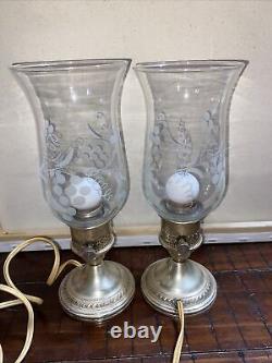 Vtg Crest Silver Co Sterling Candlesticks Electric Lamp Hurricane Lamp Pair