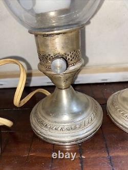 Vtg Crest Silver Co Sterling Candlesticks Electric Lamp Hurricane Lamp Pair