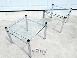 Vtg FLOATING GLASS CHROME SIDE TABLE PAIR Space Age MCM Knoll Baughman Eames Era