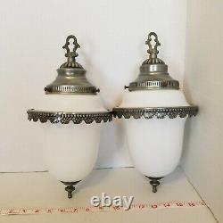 Vtg MCM Milk Glass Hanging Swag Silver Light Fixture Pair in perfect condition