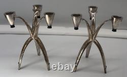 Vtg MCM Pair Community Silverplate Candle Holders Atomic Tripod Starburst Retro