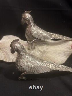 Vtg Metal Pheasant Bird Figurines Male/Female Pair Silver Plate 8 Long