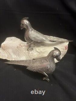 Vtg Metal Pheasant Bird Figurines Male/Female Pair Silver Plate 8 Long