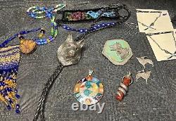 Vtg Native American sterling Silver Huge wolf bolo Earrings 950 Chakra Snake Lot