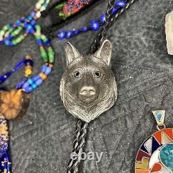 Vtg Native American sterling Silver Huge wolf bolo Earrings 950 Chakra Snake Lot