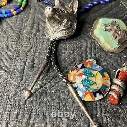 Vtg Native American sterling Silver Huge wolf bolo Earrings 950 Chakra Snake Lot